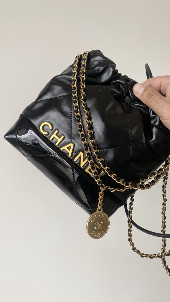 NIGO Chanel 22 Mini Handbag Shiny Calfskin Gold-tone Metal #nigo319128
