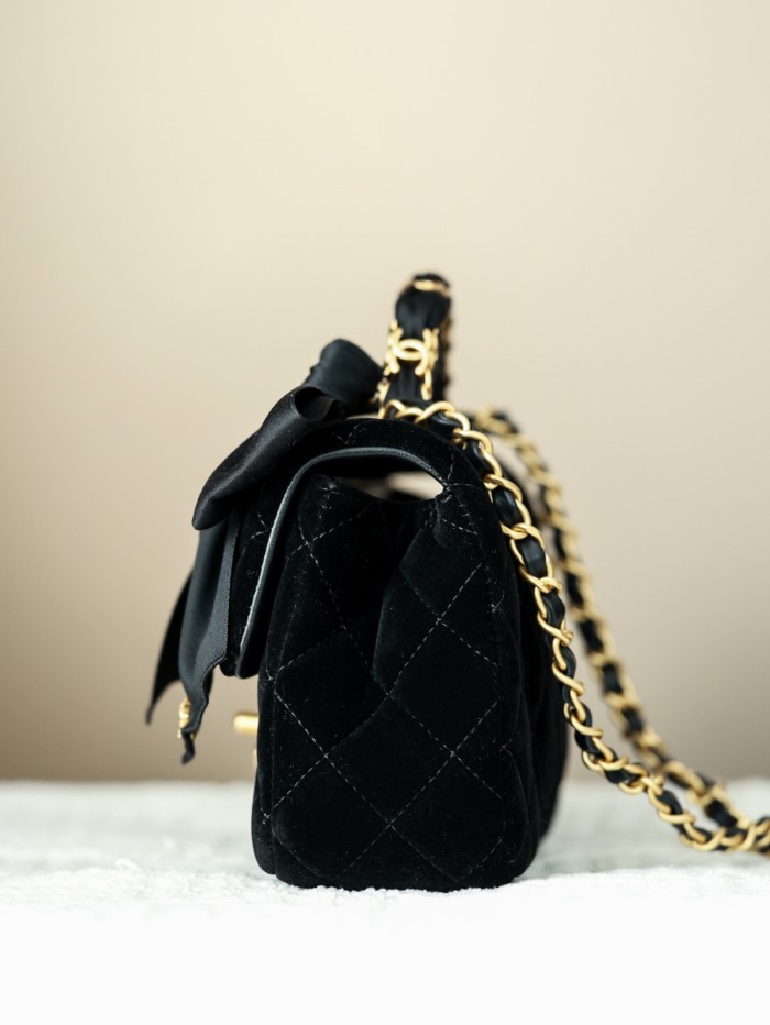 NIGO Chanel Mini Flap Bag With Top Handle Velvet Silk Gold-tone Metal Black #nigo336177