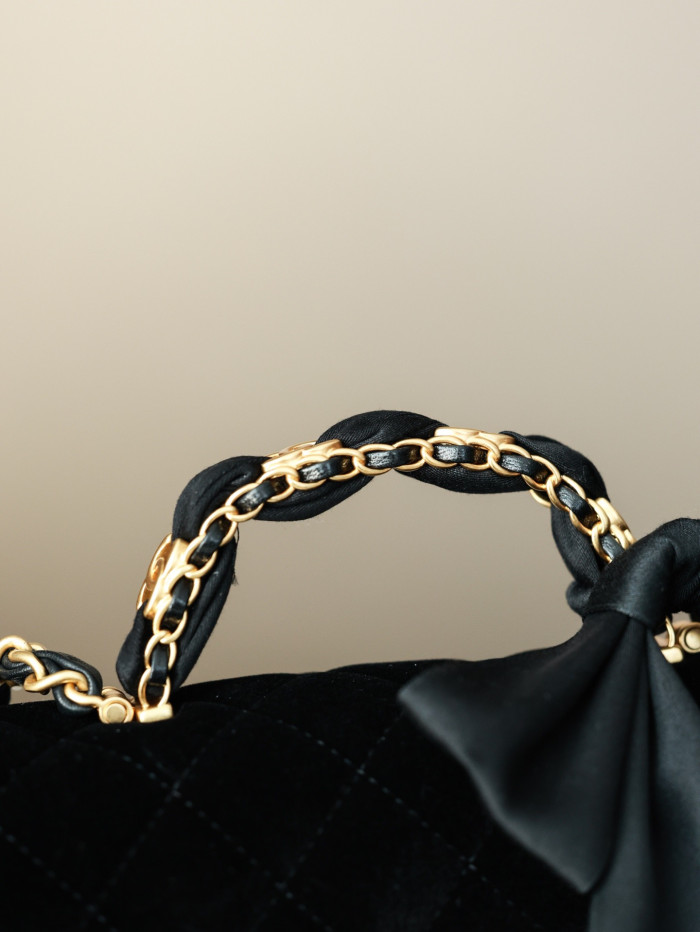 NIGO Chanel Mini Flap Bag With Top Handle Velvet Silk Gold-tone Metal Black #nigo336177