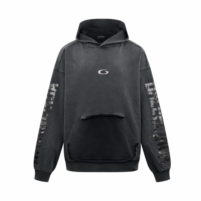 NIGO Balenciaga Men's Transparent Tape Ripped Pocket Hoodie in Faded Black #nigo336331