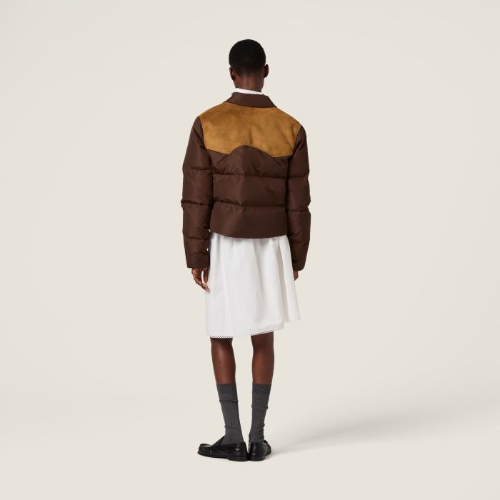 NIGO MiuMiu Coffee Technical Pongé And Leather Down Jacket  #nigo336575