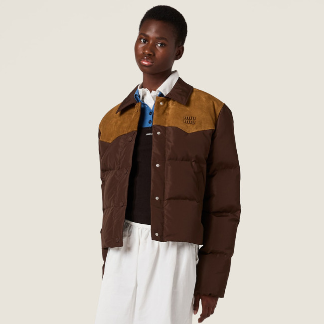 NIGO MiuMiu Coffee Technical Pongé And Leather Down Jacket #nigo336575