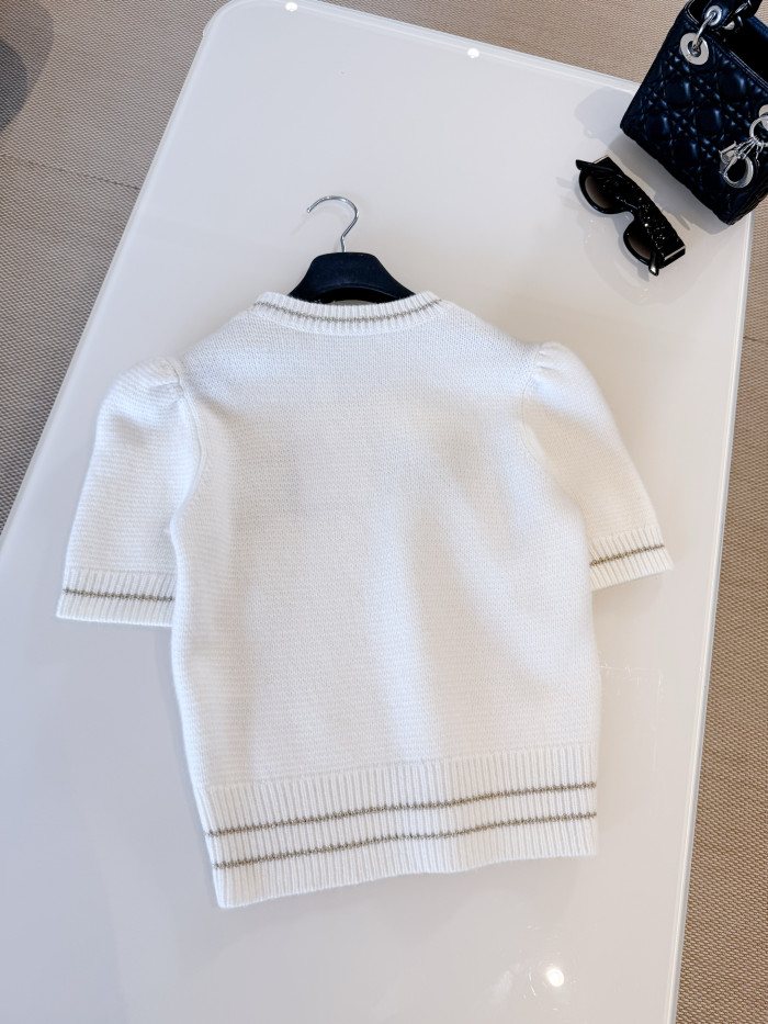 NIGO DIOR Short-Sleeved Sweater Ecru and Gold-Tone Virgin Wool-Cashmere Blend Knit #nigo335676