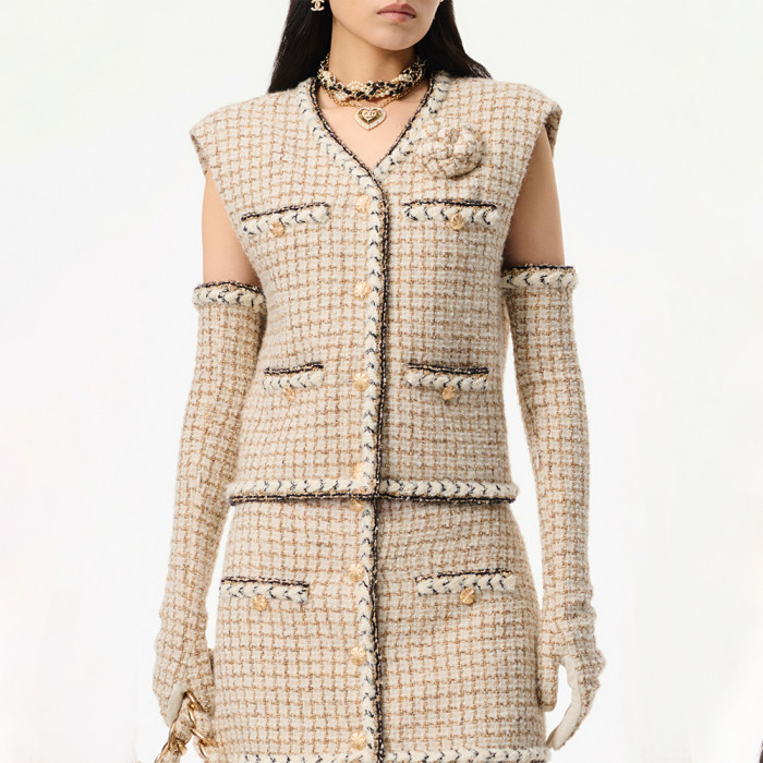 NIGO Chanel Top-quality Version Vest Wool Mohair Tweed Ecru Beige Gold Black #nigo336793