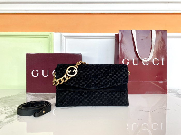 NIGO Gucci Medium shoulder bag with chain in black GG leather #nigo336824