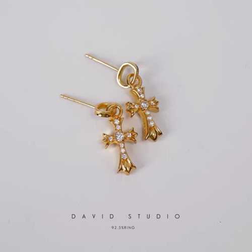 NIGO Chrome Hearts 925 Sterling Silver Gold Plated Diamond Cross Earrings #nigo336942
