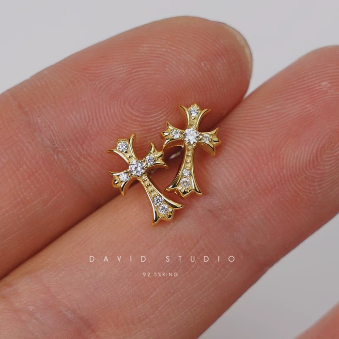 NIGO Chrome Hearts Sterling Silver Gold Plated Cross Earrings #nigo336940