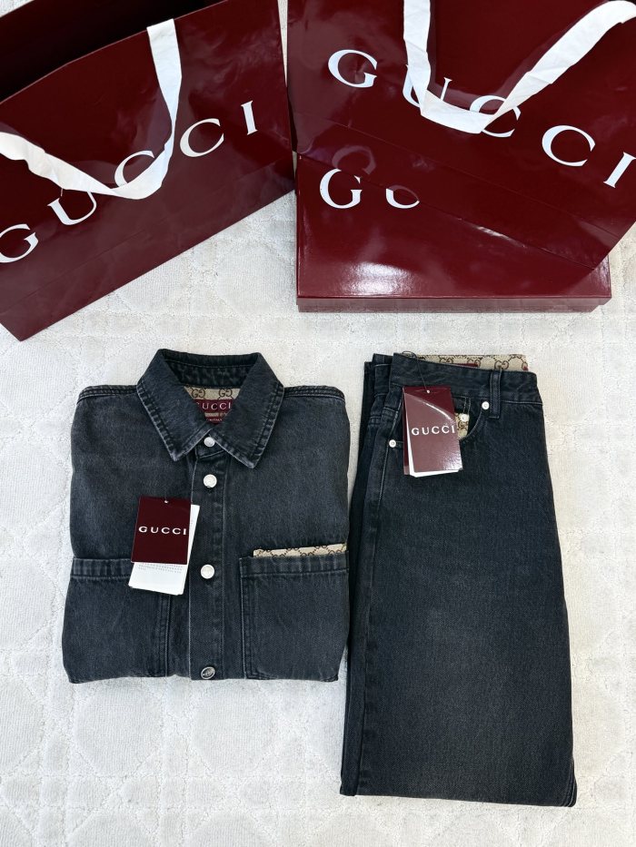 NIGO Gucci Washed Cotton Denim Shirt Pants in Black #nigo336977