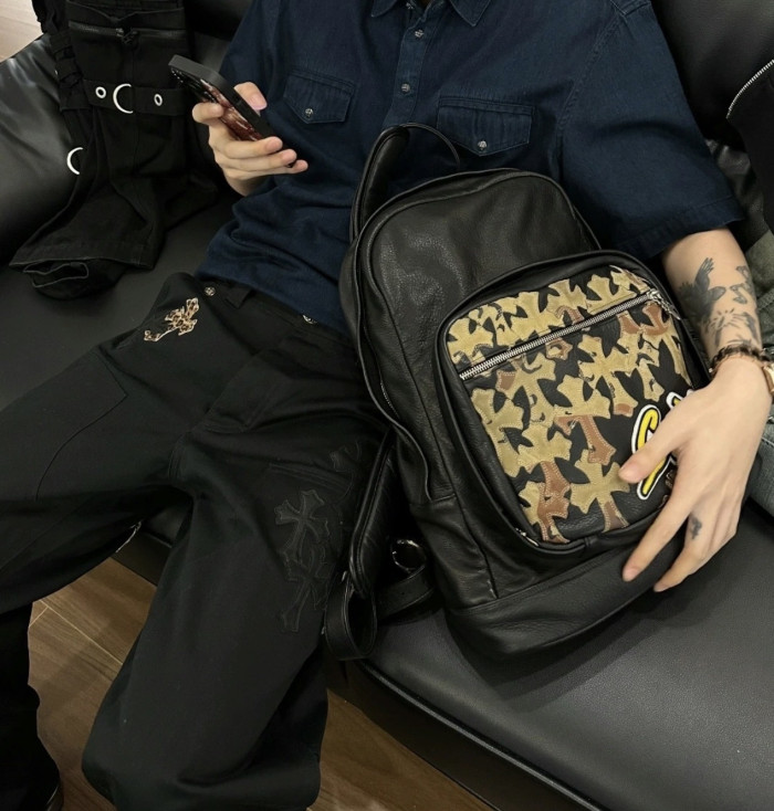 NIGO Chrome Hearts Solid Color Leather Zipper Leather Backpack Backpack #nigo336982