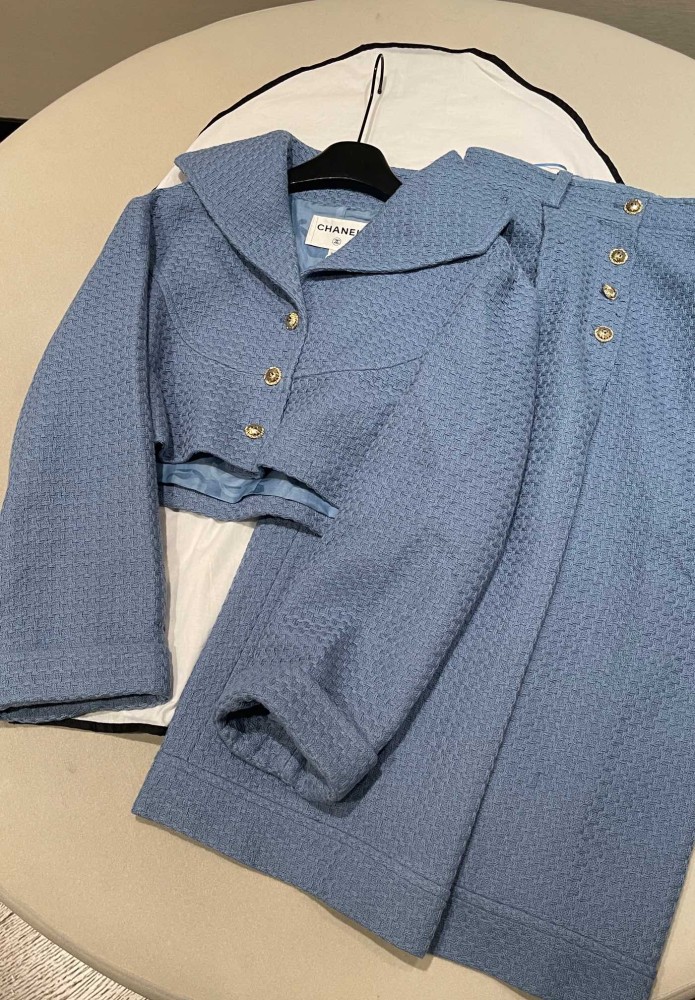 NIGO Chanel Jacket Skirt Cotton Tweed Blue #nigo336491