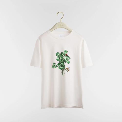 NIGO DIOR Fitted T-Shirt White Cotton Jersey with Green Dior Clover Motif #nigo375760