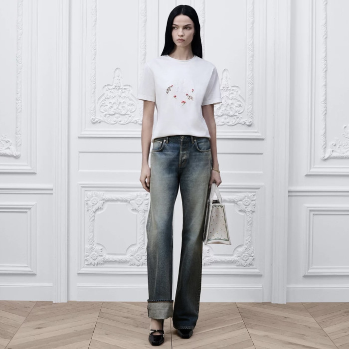 NIGO DIOR Dioramour Fitted T-Shirt White Cotton Jersey with Multicolor Doves Roses Motif #nigo375761