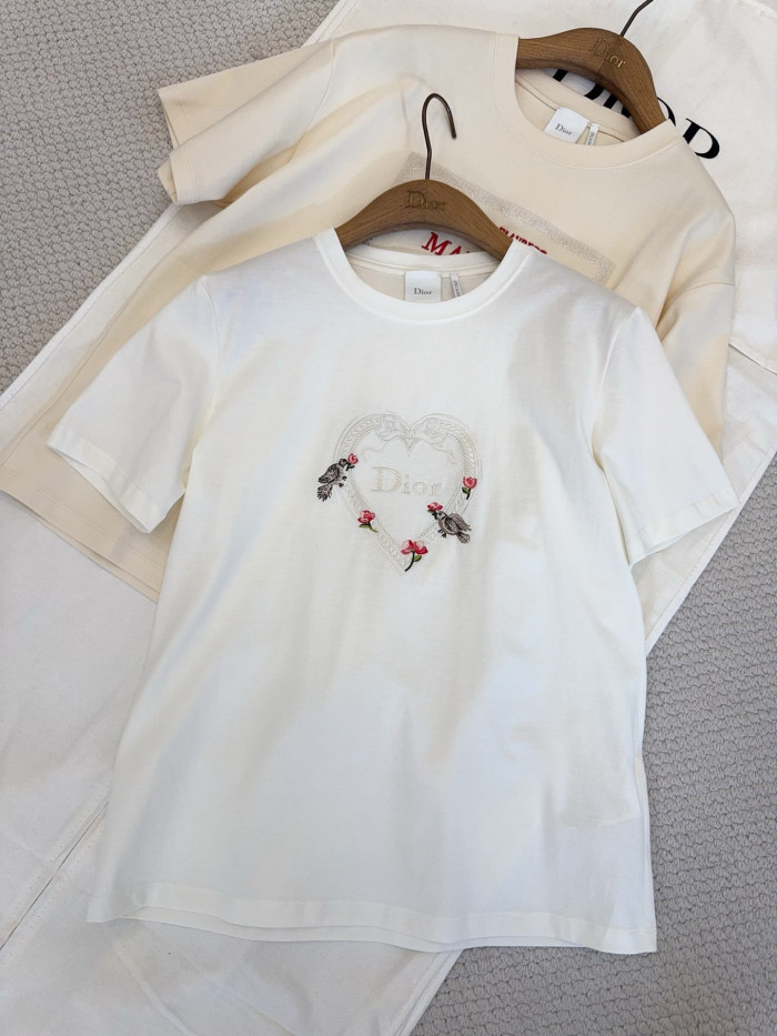 NIGO DIOR Dioramour Fitted T-Shirt White Cotton Jersey with Multicolor Doves Roses Motif #nigo375761