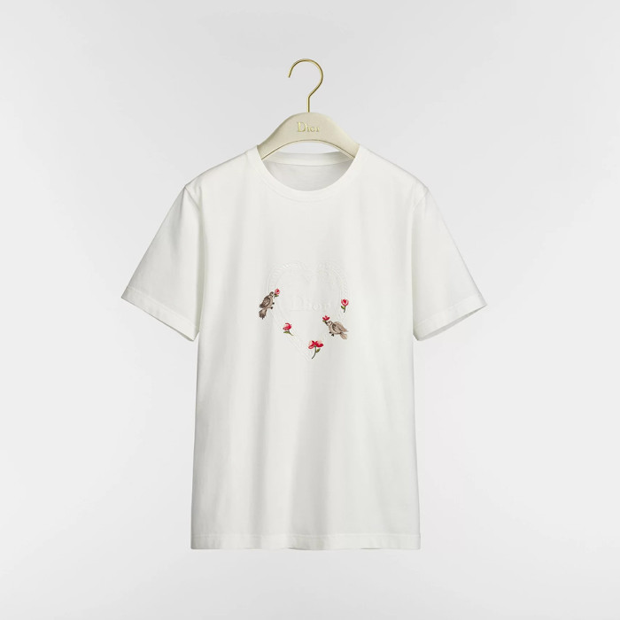 NIGO DIOR Dioramour Fitted T-Shirt White Cotton Jersey with Multicolor Doves Roses Motif #nigo375761