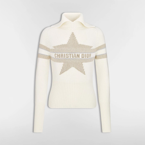 NIGO DIOR DiorAlps Mock Neck Sweater Ecru Virgin Wool Cashmere Blend Knit with Gold Tone Dior Star Motif #nigo375804