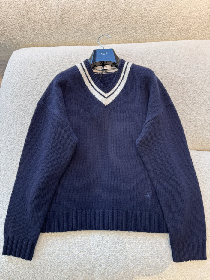 NIGO Celine V-Neck Knitted Sweater Navy Blue College Style #nigo376939