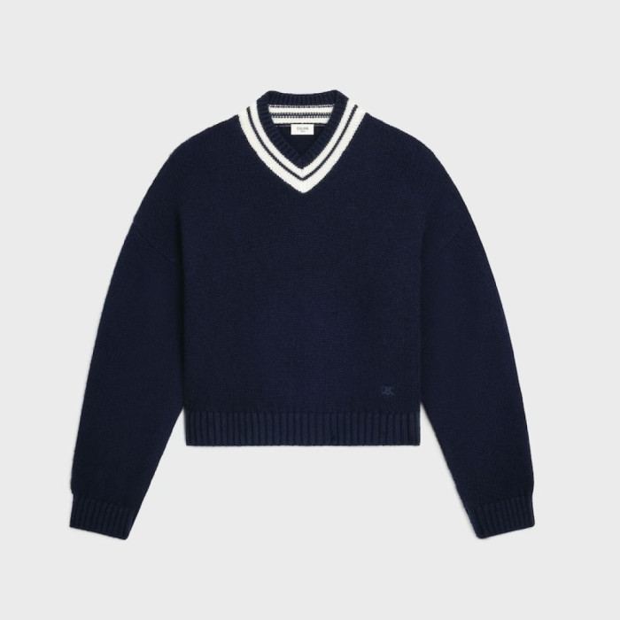 NIGO Celine V-Neck Knitted Sweater Navy Blue College Style #nigo376939