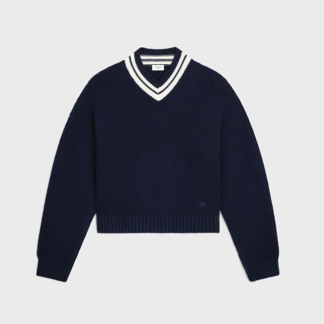 NIGO Celine V-Neck Knitted Sweater Navy Blue College Style #nigo376939