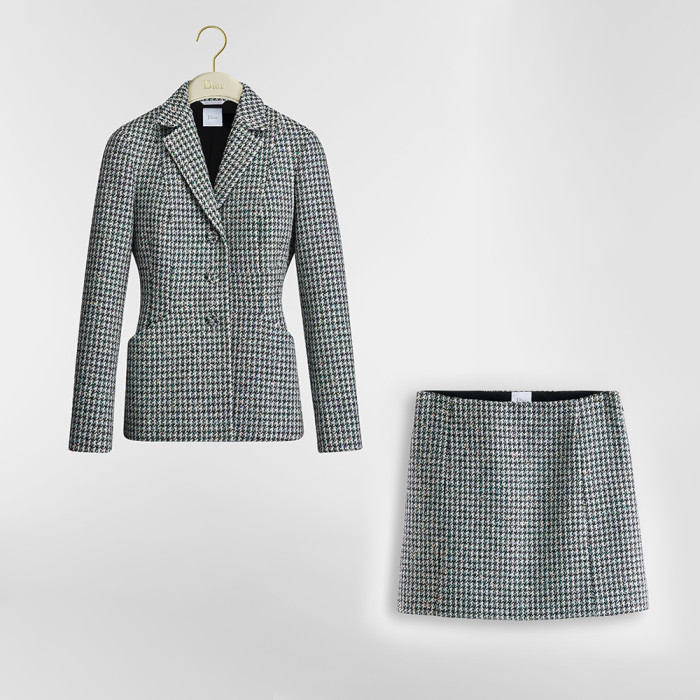 NIGO Dior Bar Blazer Skirt Black and White Houndstooth Virgin Wool Blend With Multicolor Sequins #nigo377177