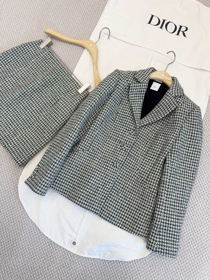 NIGO Dior Bar Blazer Skirt Black and White Houndstooth Virgin Wool Blend With Multicolor Sequins #nigo377177