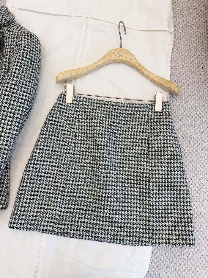 NIGO Dior Bar Blazer Skirt Black and White Houndstooth Virgin Wool Blend With Multicolor Sequins #nigo377177