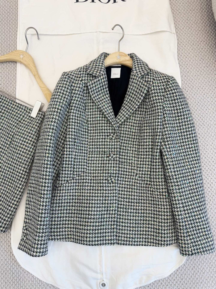 NIGO Dior Bar Blazer Skirt Black and White Houndstooth Virgin Wool Blend With Multicolor Sequins #nigo377177