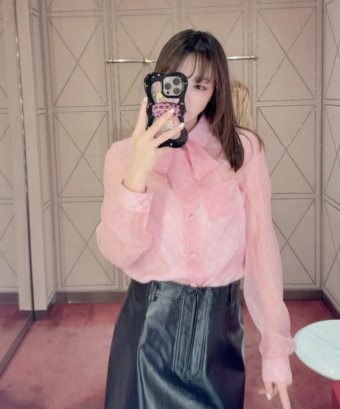 NIGO GUCCI Printed Silk Chiffon Shirt in Light Pink #nigo377279