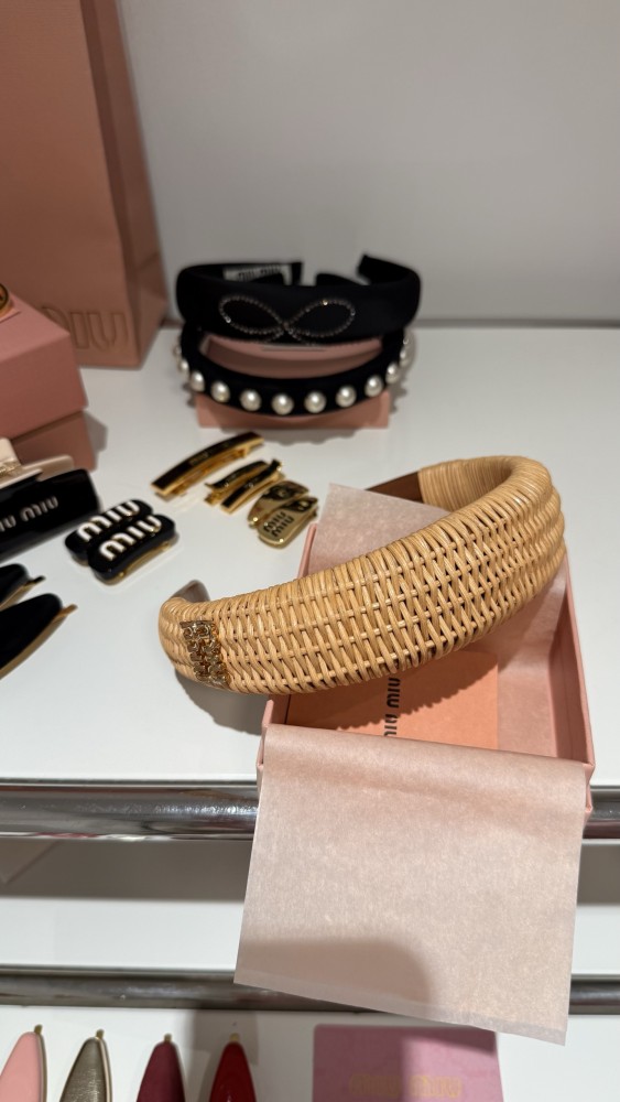 NIGO MIUMIU Rattan and Brown Leather Headband With Gold Letters #nigo377285