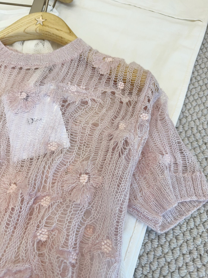NIGO Dior Short-Sleeved Sweater Pink Openwork Silk-Mohair-Alpaca-Blend #nigo377647