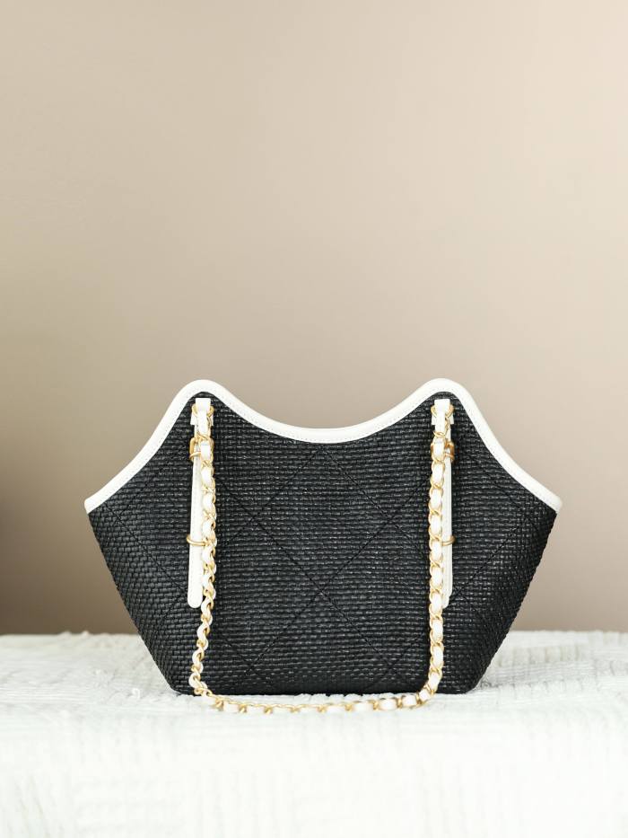 CHANEL Maxi Shopping Bag Braided Raffia Calfskin Gold-tone Metal Dark Beige Black #376633