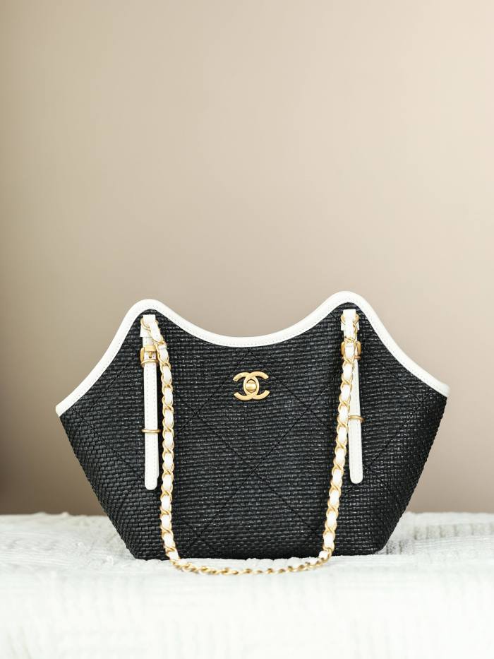 CHANEL Maxi Shopping Bag Braided Raffia Calfskin Gold-tone Metal Dark Beige Black #376633