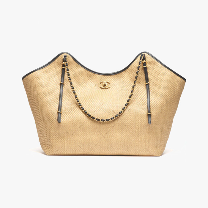 CHANEL Maxi Shopping Bag Braided Raffia Calfskin Gold-tone Metal Dark Beige Black #376633