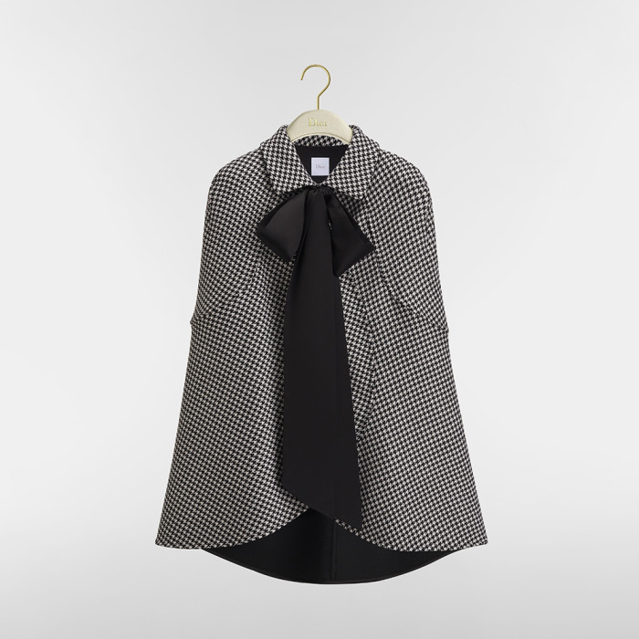 DIOR Cape with Tied Neckline Black and White Houndstooth Silk-Virgin-Wool Blend #378354