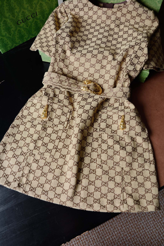 GUCCI GG  Cotton Canvas Fabric Dress in Sand #378357