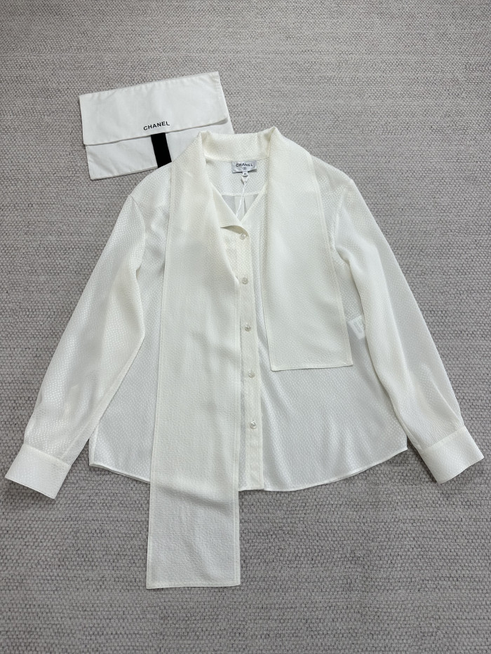 CHANEL Long-sleeved Blouse Silk Jacquard Silk White #377198
