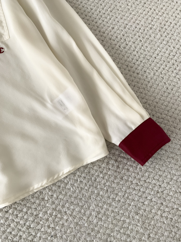 CHANEL Long-sleeved Shirt Silk Canvas Light Yellow Burgundy #378595