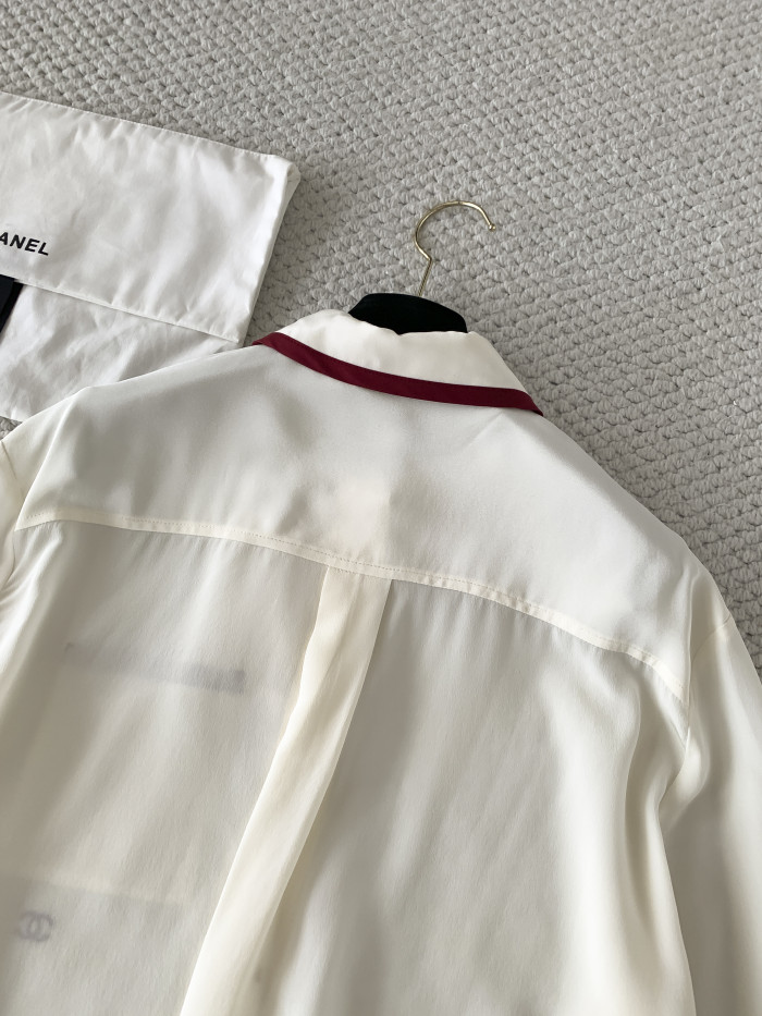 CHANEL Long-sleeved Shirt Silk Canvas Light Yellow Burgundy #378595