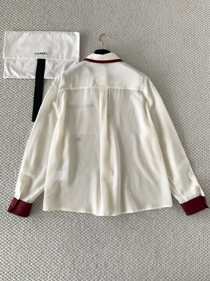 CHANEL Long-sleeved Shirt Silk Canvas Light Yellow Burgundy #378595