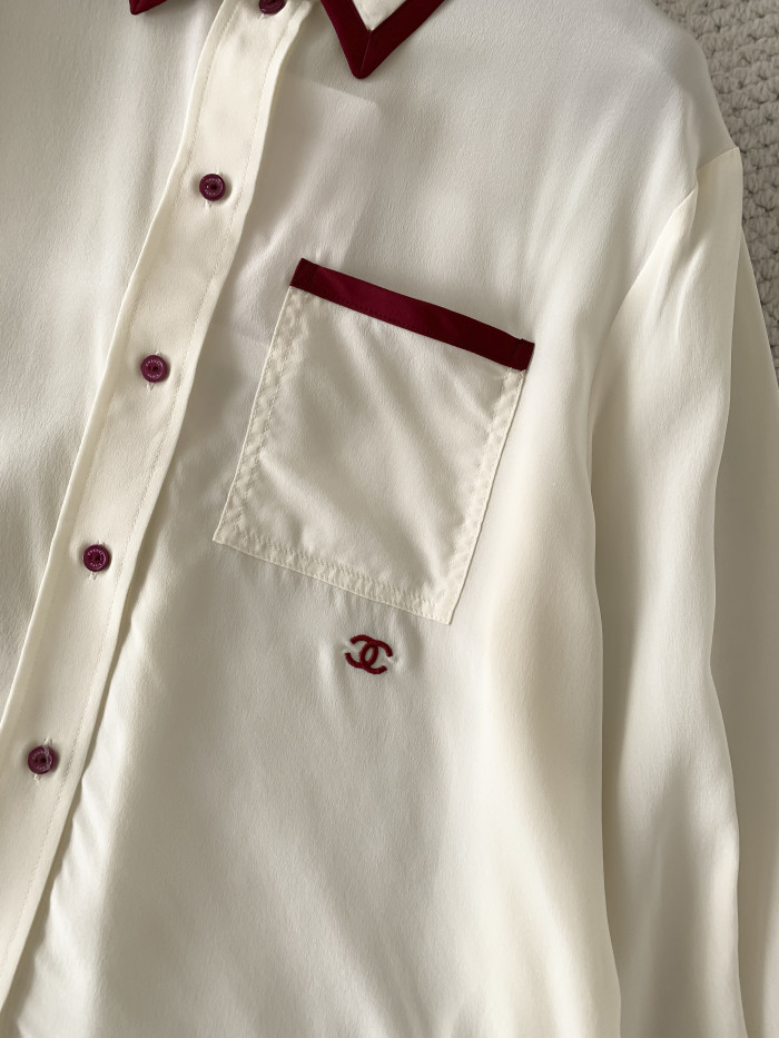 CHANEL Long-sleeved Shirt Silk Canvas Light Yellow Burgundy #378595