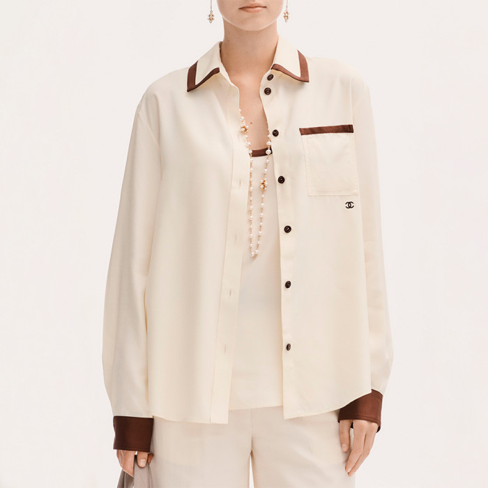 CHANEL Long-sleeved Shirt Silk Canvas Light Yellow Burgundy #378595