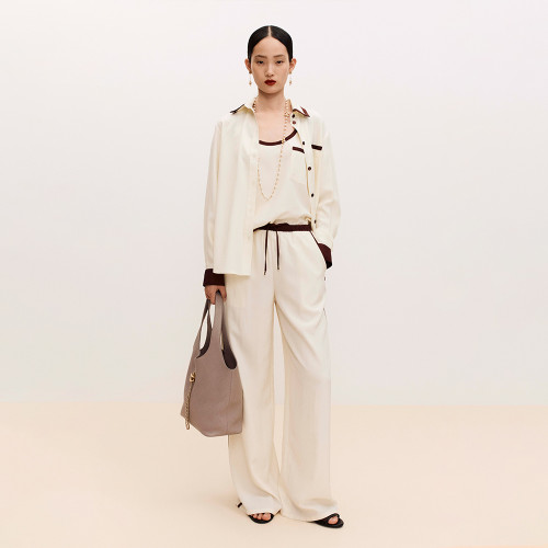 CHANEL Pants Silk Canvas Light Yellow Burgundy #378596