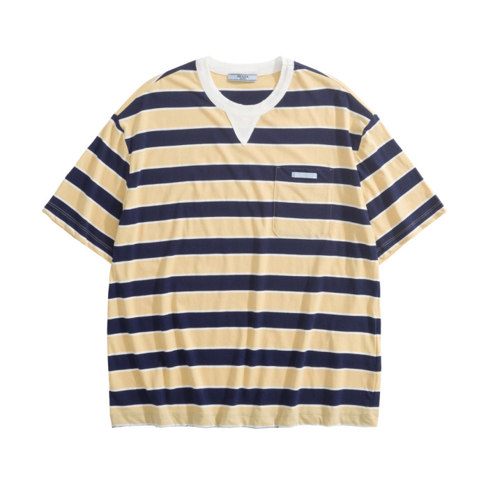 PRADA Blue Cream Bayadere Striped Lisle Cotton T-shirt #378657