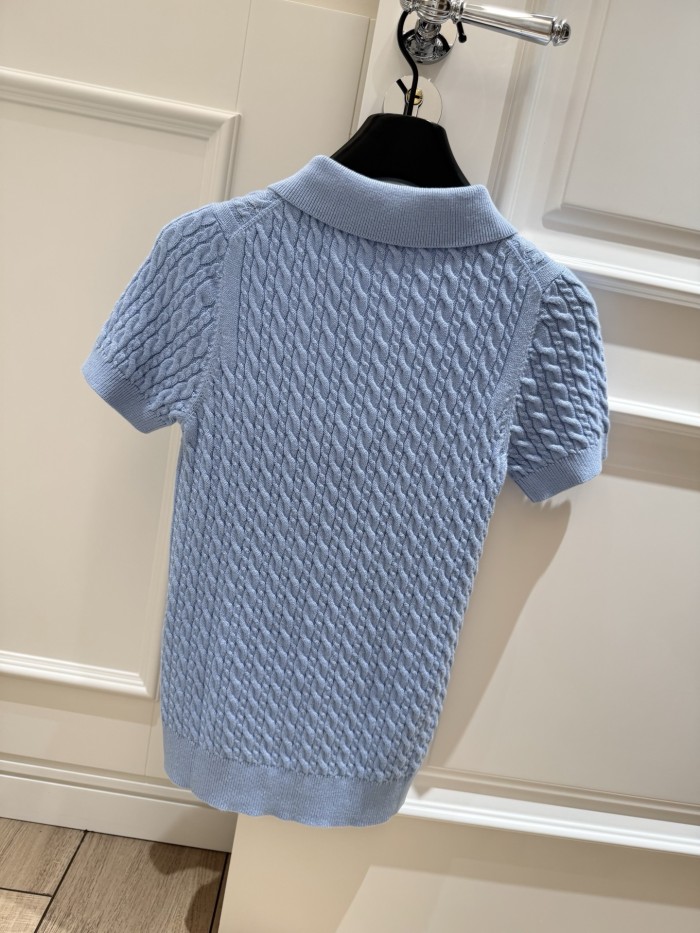 Dior Short-sleeved Sweater Blue Cotton and Sheep's Wool Blend Cable-knit Dior Médaillon Signature #378699