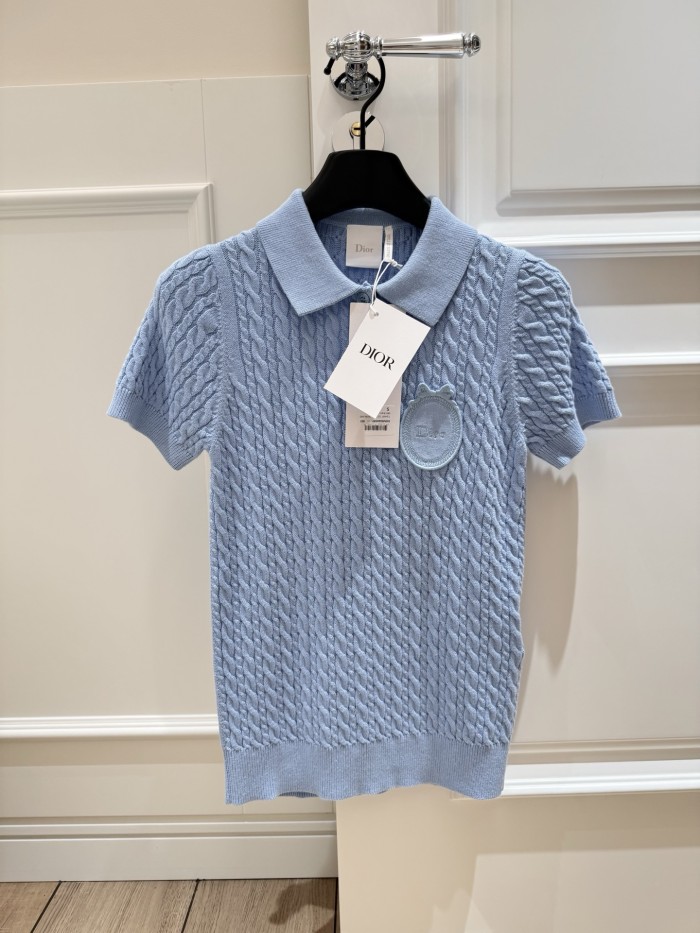 Dior Short-sleeved Sweater Blue Cotton and Sheep's Wool Blend Cable-knit Dior Médaillon Signature #378699