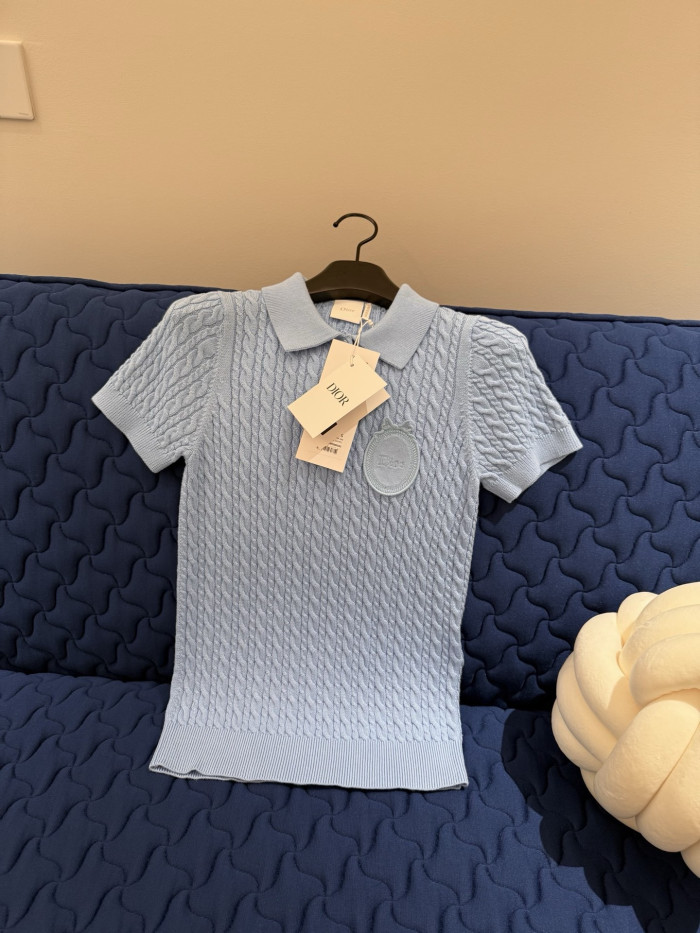 Dior Short-sleeved Sweater Blue Cotton and Sheep's Wool Blend Cable-knit Dior Médaillon Signature #378699