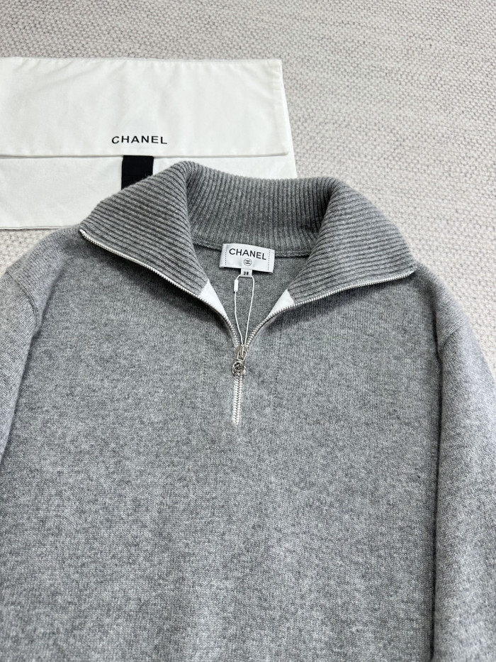 Chanel Top-quality Version Zipper Lapel Cashmere Sweater #378803