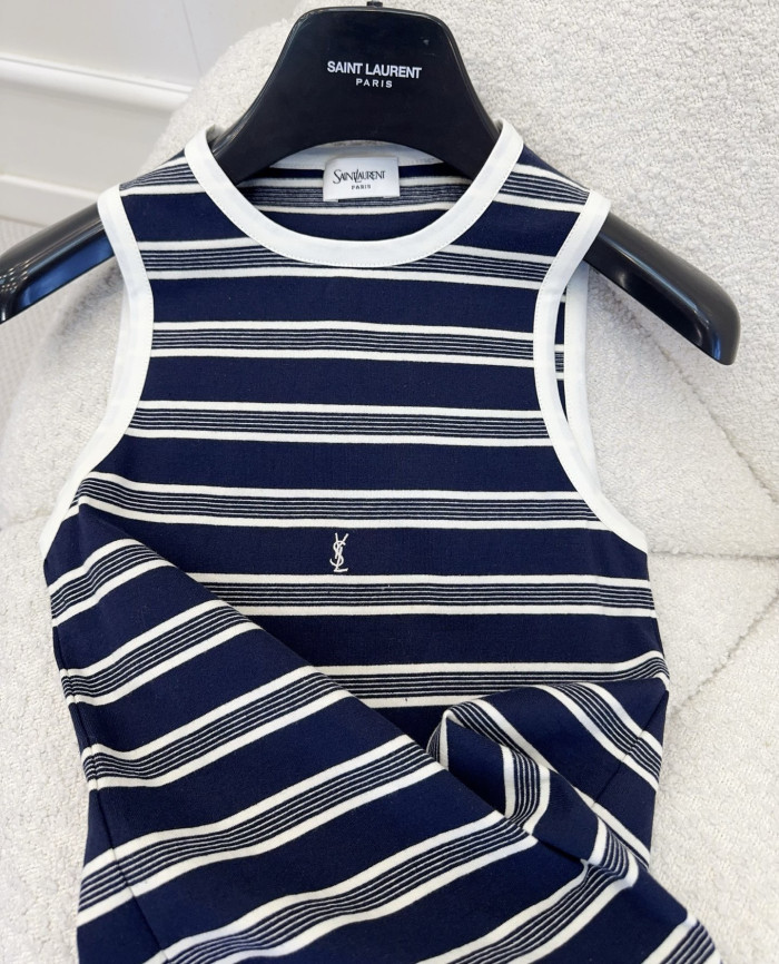 Saint Laurent Cassandre Tank Top in Striped Cotton Jersey in Blue #379142