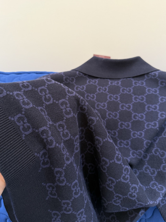 GUCCI GG Cotton Silk Jacquard Polo Shirt in Dark Blue #379147