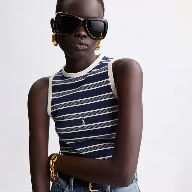 Saint Laurent Cassandre Tank Top in Striped Cotton Jersey in Blue #379142