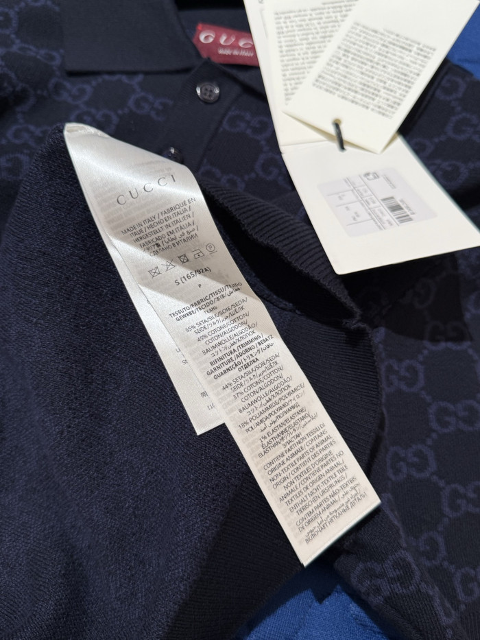 GUCCI GG Cotton Silk Jacquard Polo Shirt in Dark Blue #379147